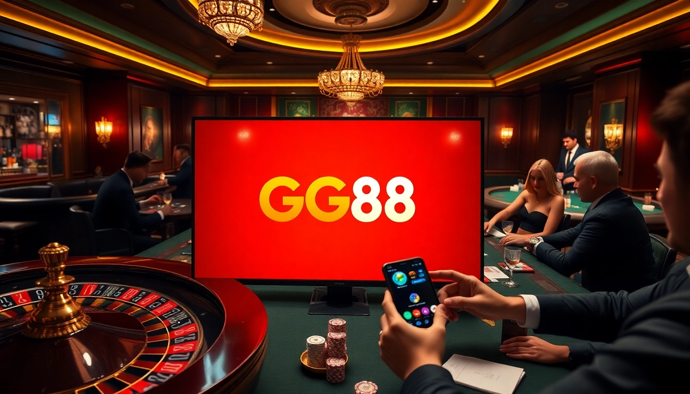 Players enjoy engaging games at gg88.com, showcasing a vibrant casino atmosphere with roulette and poker tables.