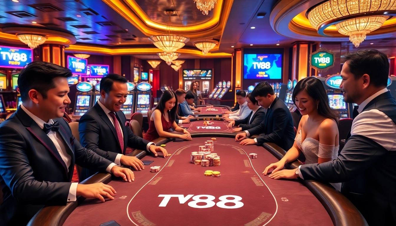 A dynamic casino scene with TV88 branding showcasing enthusiastic gamblers at a poker table.