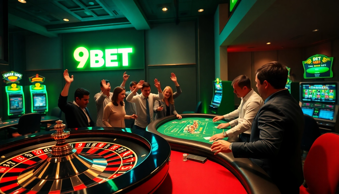 Excited gamblers placing bets at 9BET, featuring poker and roulette games in a luxurious casino setting.