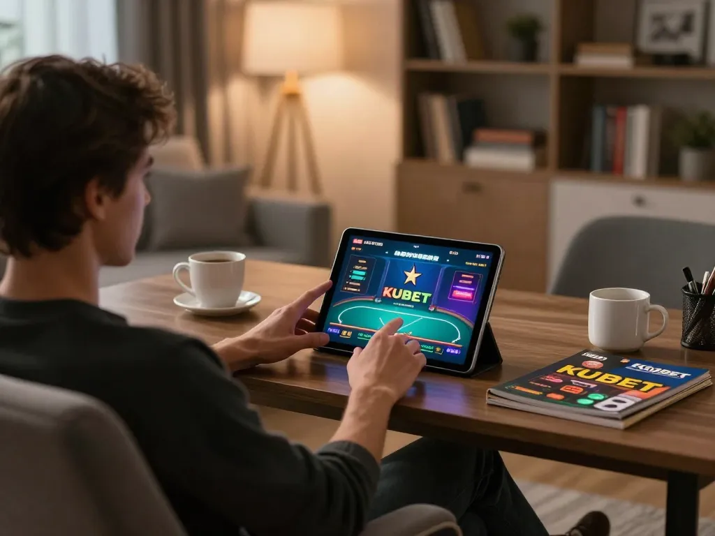 KUBET player engaged in online poker game at home, showing strategy guides and cozy atmosphere.