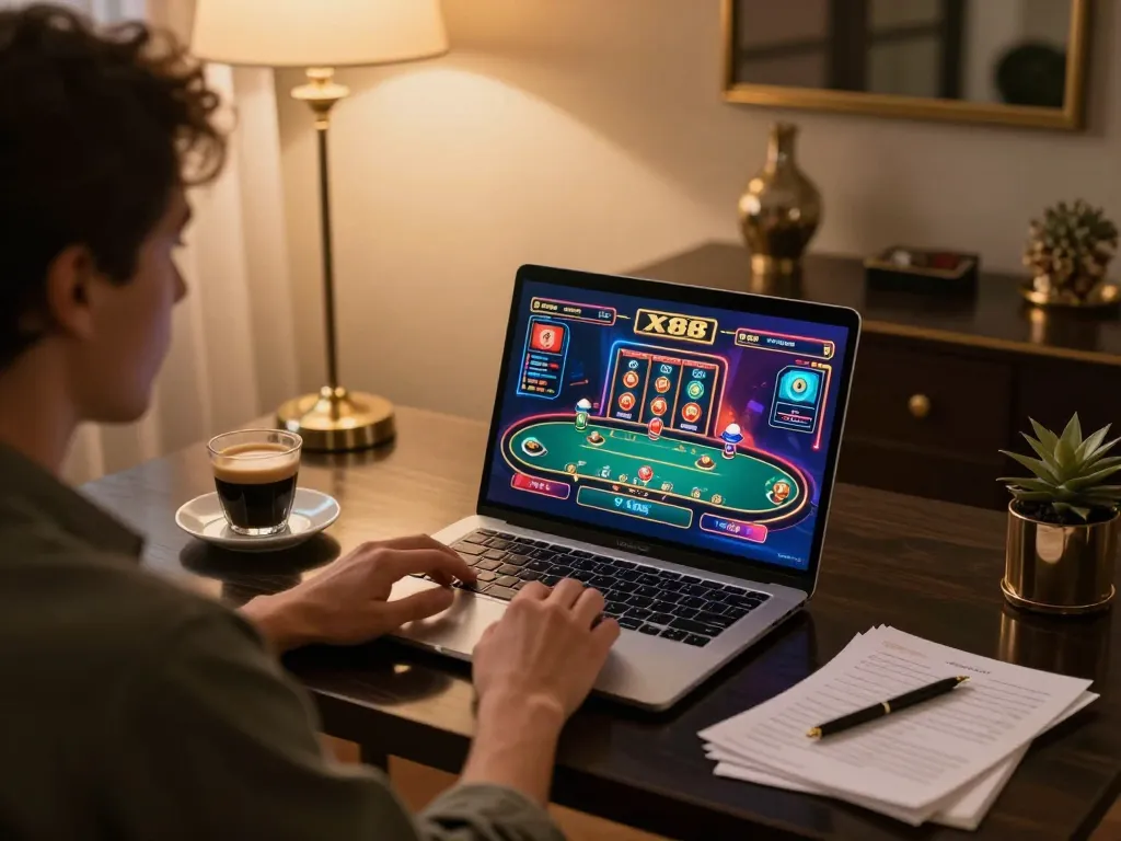X88 player engaging in online casino games with a laptop and cozy desk setup.