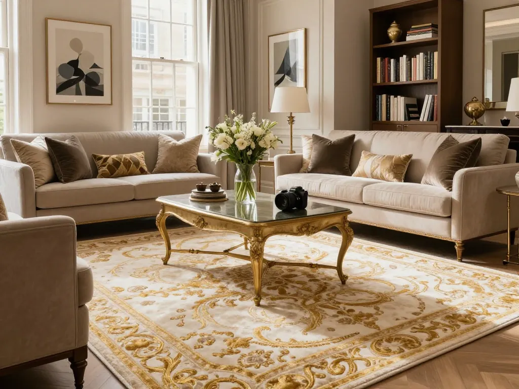 Luxury carpets London featured in a stylish living room setting with elegant decor, natural light, and artistic details.