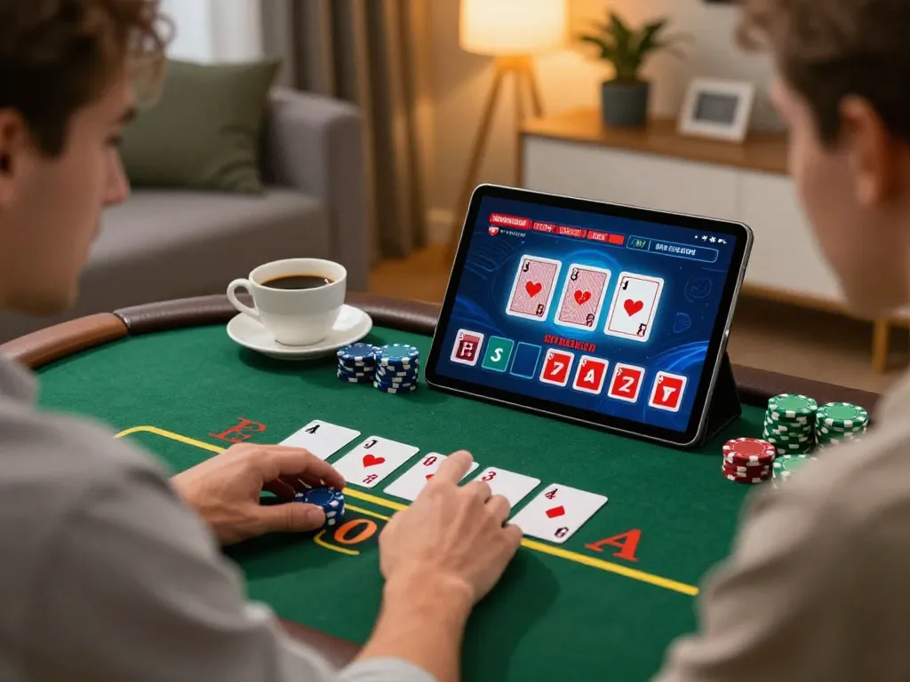 KONG88 player enjoying live dealer blackjack on a tablet, surrounded by warm home ambiance.