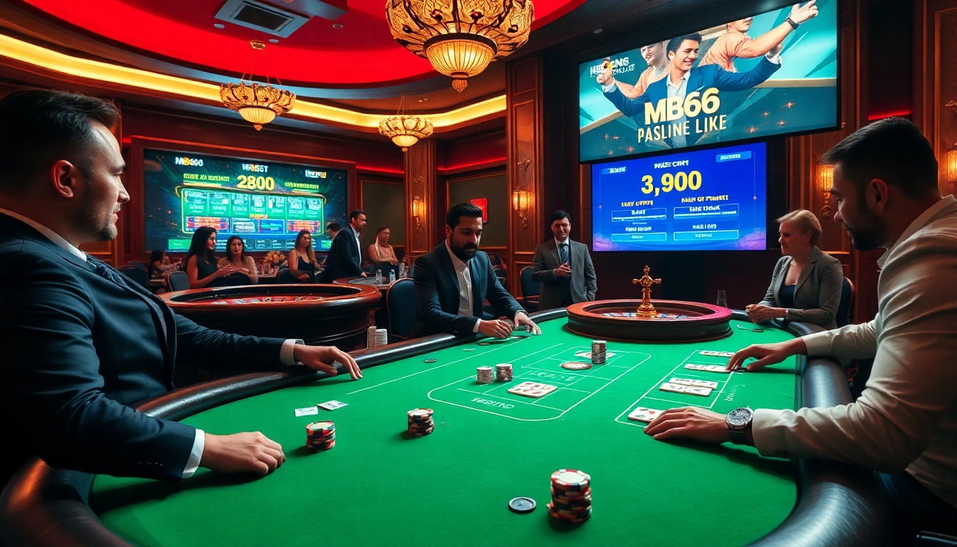 Players strategizing at the luxury MB66 casino poker table with vibrant chips and cards.