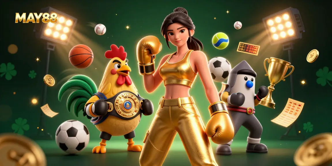 MAY88 enhances the gaming experience with a dynamic 3D illustration of a powerful female character and a championship rooster.