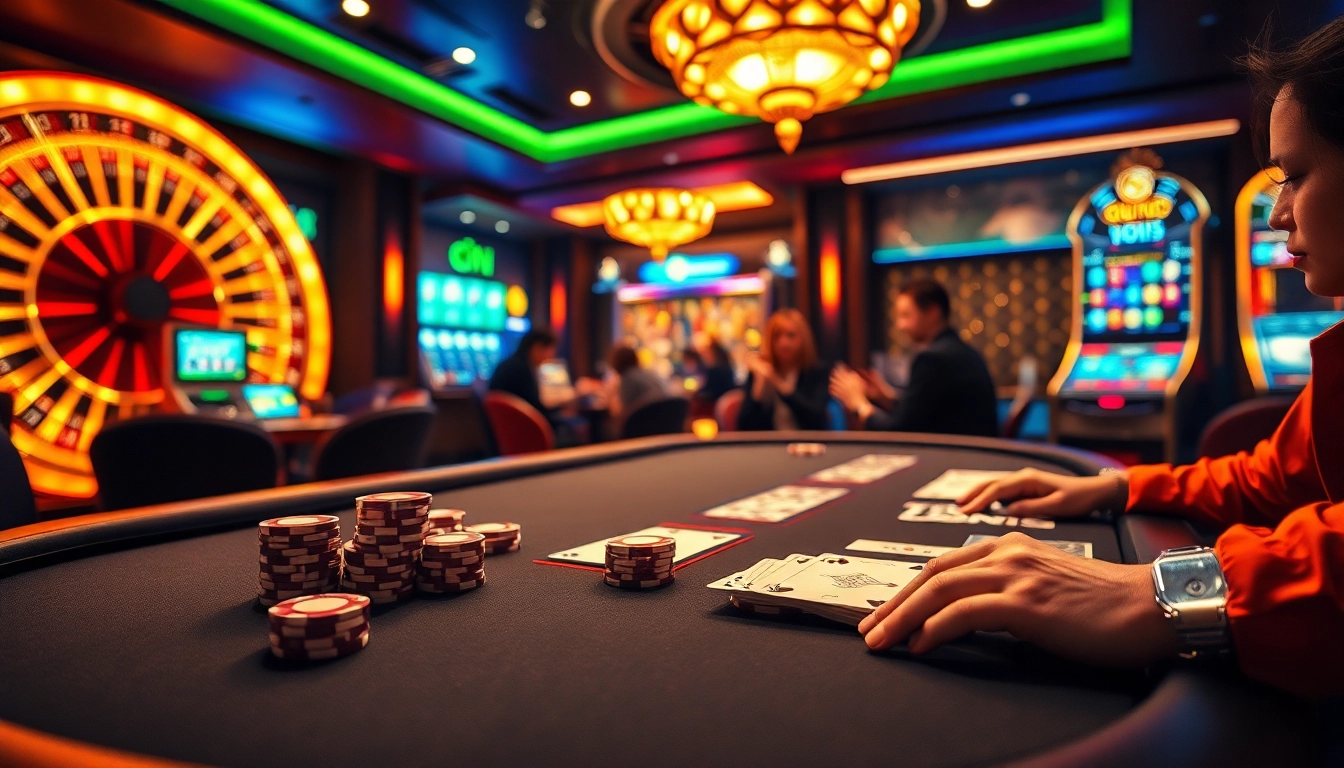 Experience excitement playing 68 game bài at a luxurious casino with poker chips and roulette wheels.