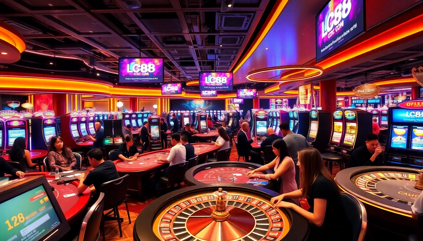 Excited players enjoying live games at LC88 COM casino with vibrant lights and promotions.
