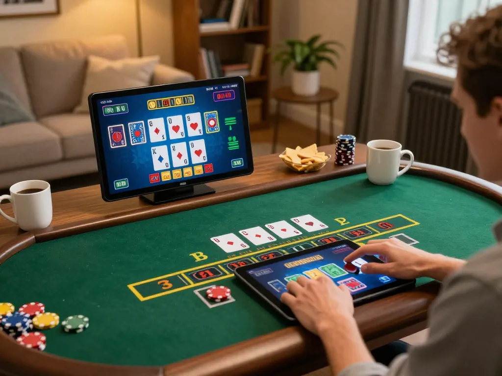 Engaged player at home using ug88 to enjoy live dealer blackjack on tablet