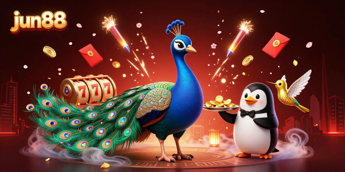 Experience thrilling slot action with jun88 featuring a dazzling peacock and vibrant casino elements.