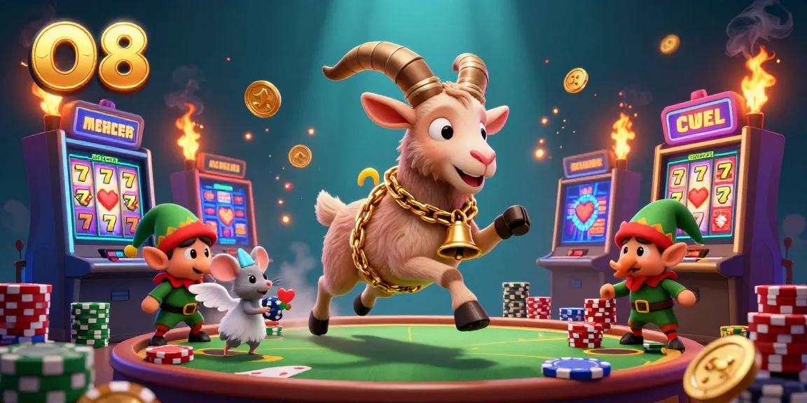 Experience festive thrills at O8 casino where lively characters steal the show amidst slot machines and poker chips.