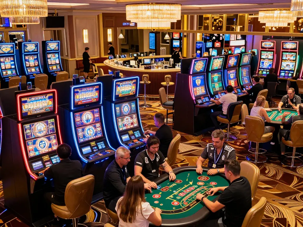 Players enjoying dynamic slot machines at KING79 casino, showcasing bright neon lights and vibrant atmosphere