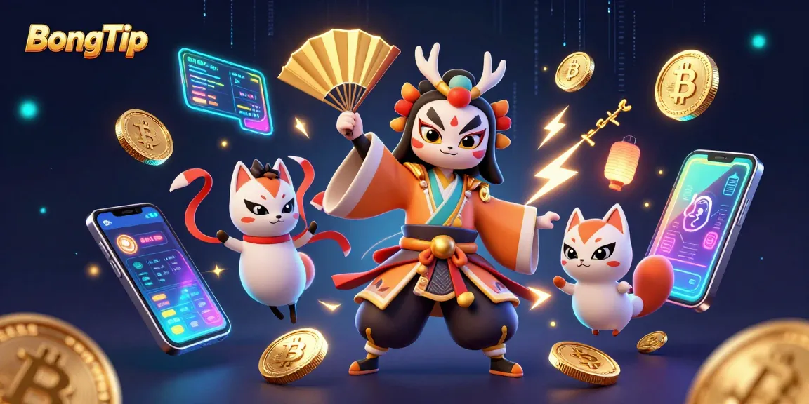 BongTip brings together a savvy kabuki warrior and kitsune mask in a vibrant gambling scene with neon coins.