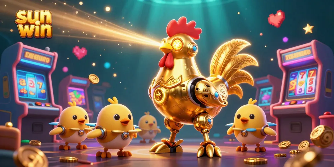 Engage with the vibrant sun win experience featuring a golden rooster robot, arcade elements, and dazzling casino graphics.