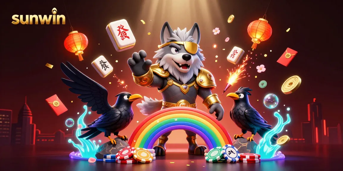 Sunwin showcases an exciting 3D illustration of a casino scene with Odin and his ravens amidst vibrant gaming elements.