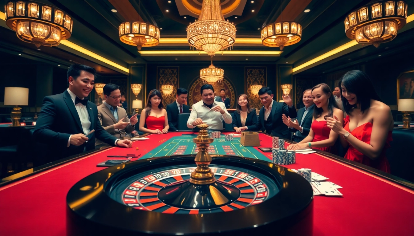 Engaging scene showcasing keo nha cai 5 with players at a luxurious casino table, emphasizing excitement and professional gambling.
