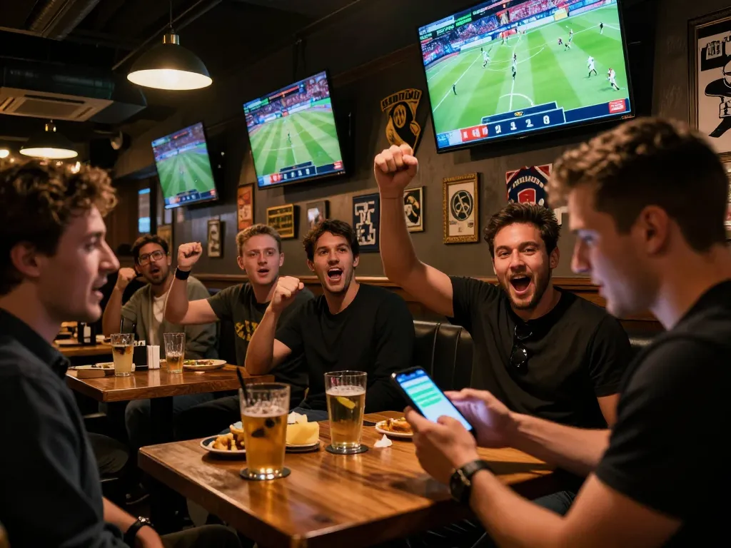 Fans placing bets and cheering at a vibrant sports bar showcasing keo nha cai betting excitement during a match