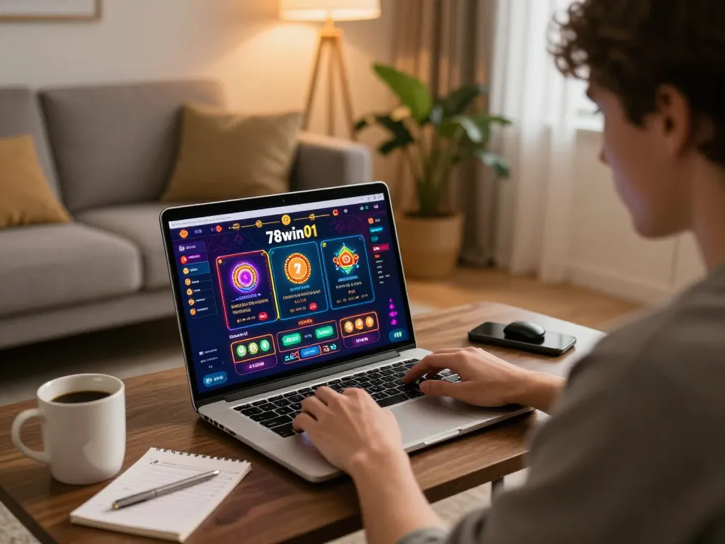 A user enjoying online casino games on laptop with 78win01 interface, reflecting relaxed gaming atmosphere.