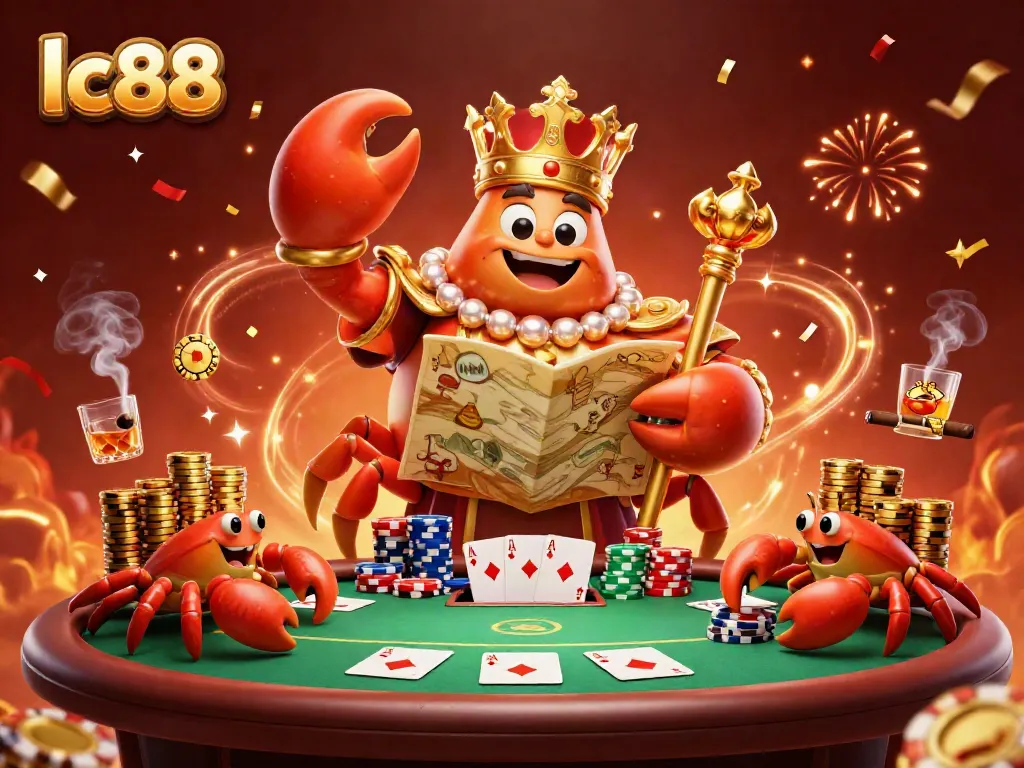 Experience thrilling gaming moments at lc88 with a dynamic illustration of a golden crab emperor surrounded by poker elements.