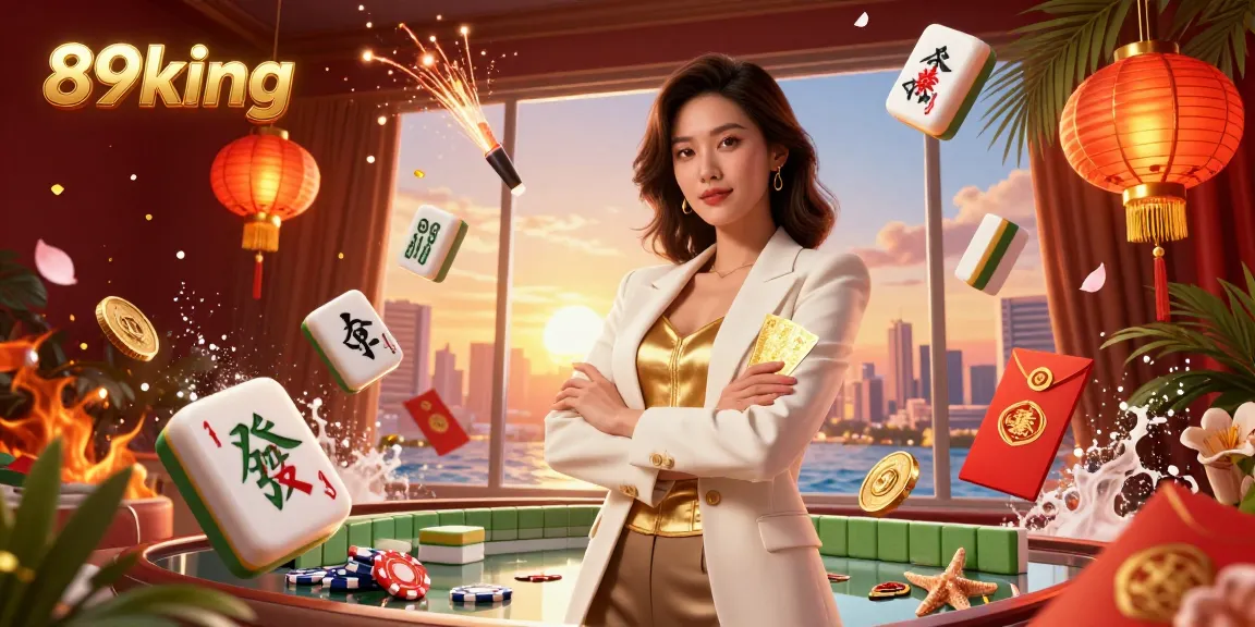 Engage with the captivating gambling scene of 89king, showcasing a powerful businesswoman holding golden cards.