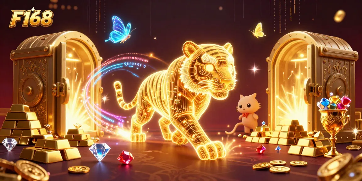 Experience the thrill of F168 with a golden tiger navigating a lavish digital casino scene.