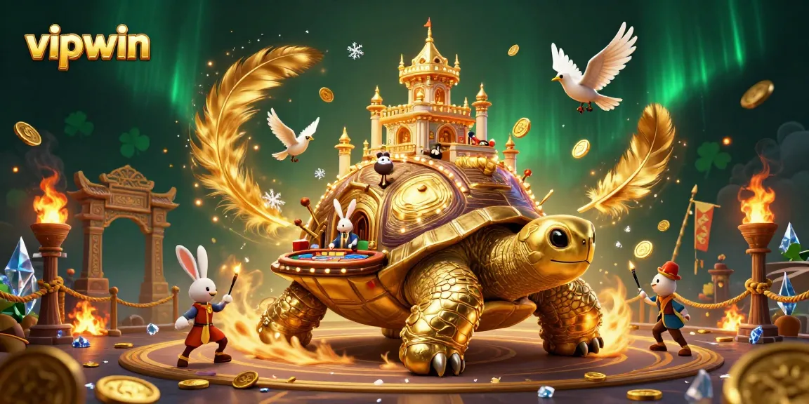 Engage in thrilling adventures with vipwin, featuring a captivating scene of a golden tortoise casino.