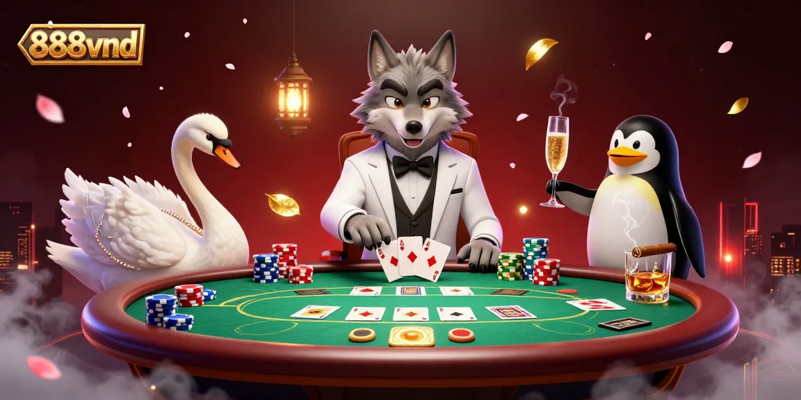 Engage with thrilling gambling action at 888vnd featuring a debonair wolf and elegant swan in a vibrant casino setting.