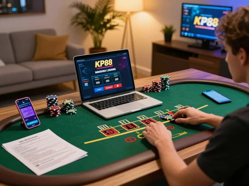 Engaging in a KP88 live dealer blackjack game on a laptop in a cozy home office setting.