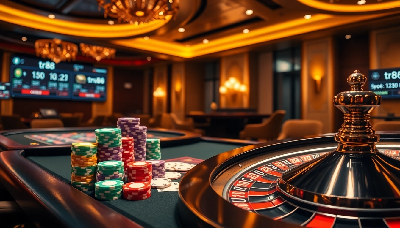 Experience the thrill of gaming with tr88 poker chips and cards at a luxury casino.