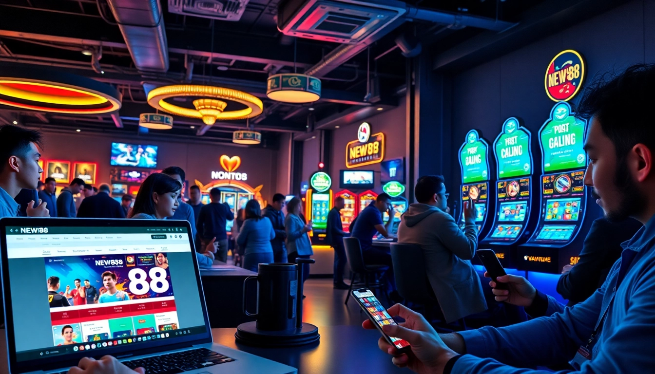Exciting online gaming scene featuring new88go.com with diverse players engaging in sports betting and casino games.