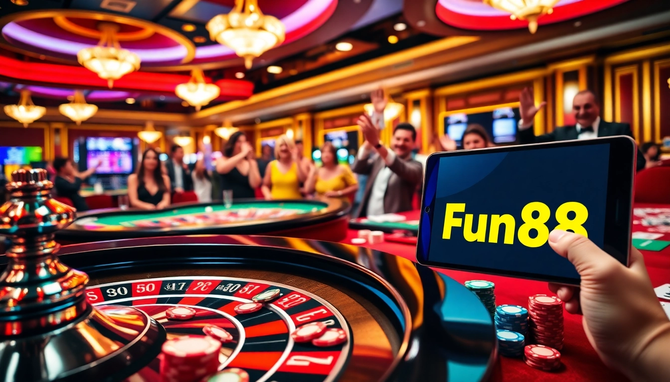 Players celebrating wins at a casino table while engaging with the Fun88 link for online access.