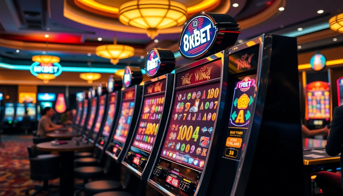 Nổ hũ 8KBET slot machines lighting up the casino with vibrant colors and excited players.