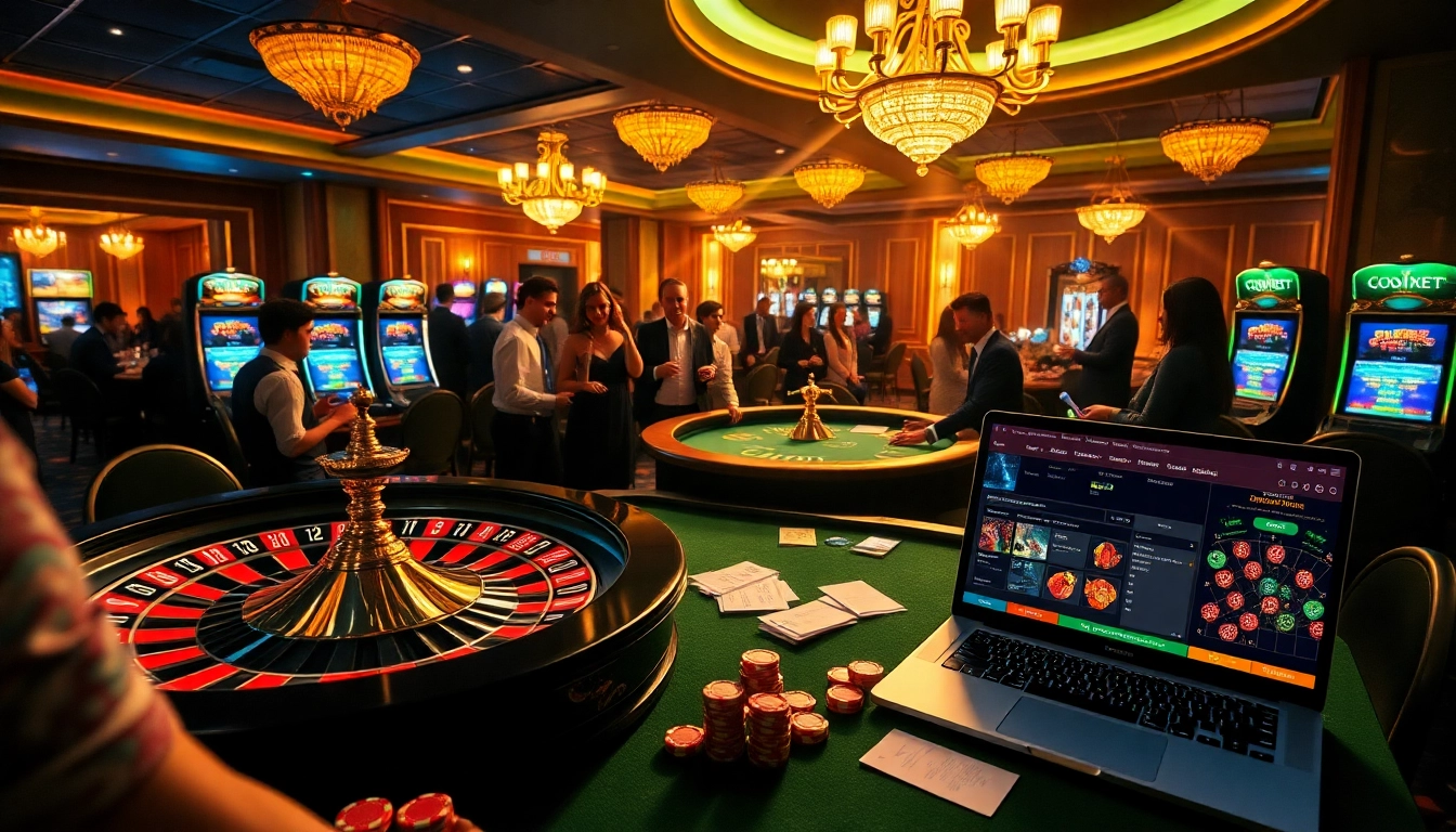 Experience thrilling gameplay at c54.gb.net in a luxurious casino setting with roulette and poker tables.