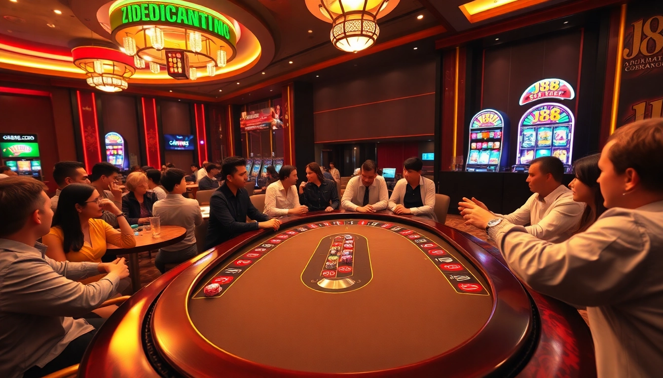 Engaged players at a j88-themed slot machine, showcasing excitement in a vibrant casino.