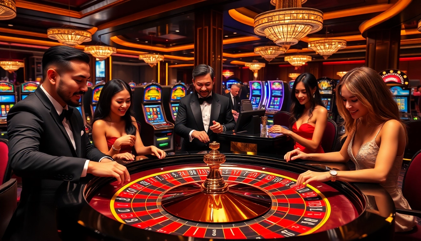 Experience thrilling gaming action with eejl33 com's vibrant casino ambiance filled with roulette and slot machines.