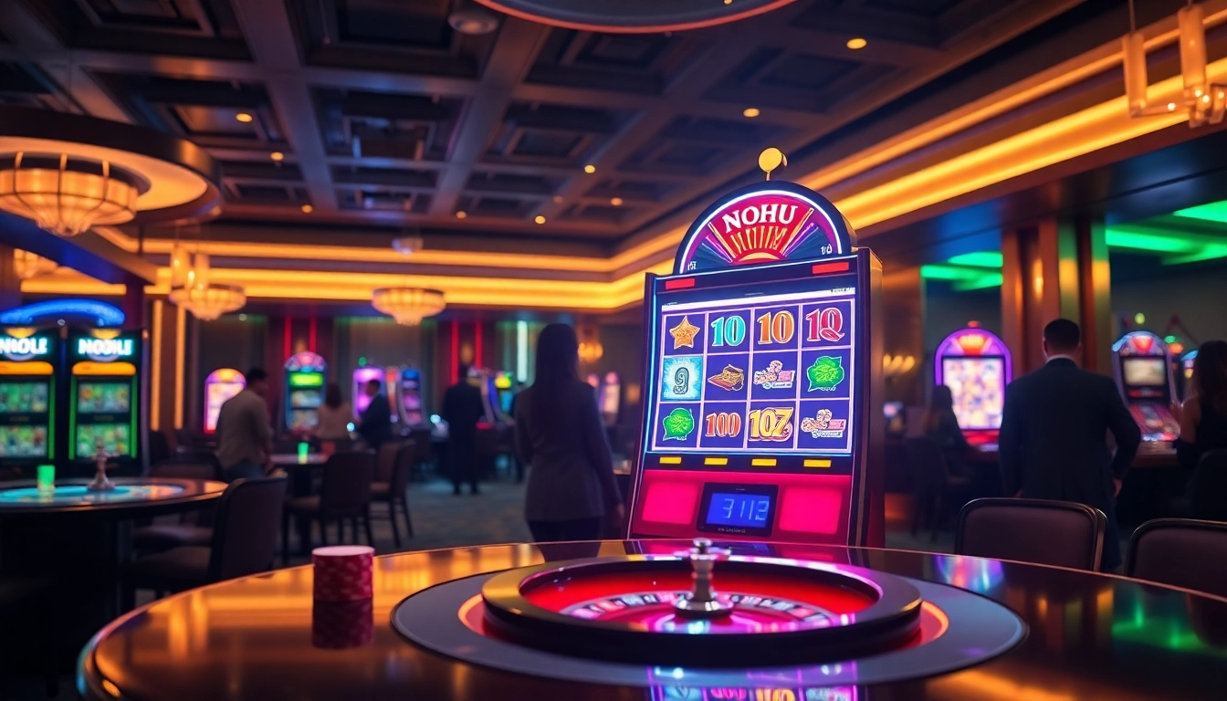 Experience nohu-themed excitement with vibrant slot machines and engaging gambling scenes.