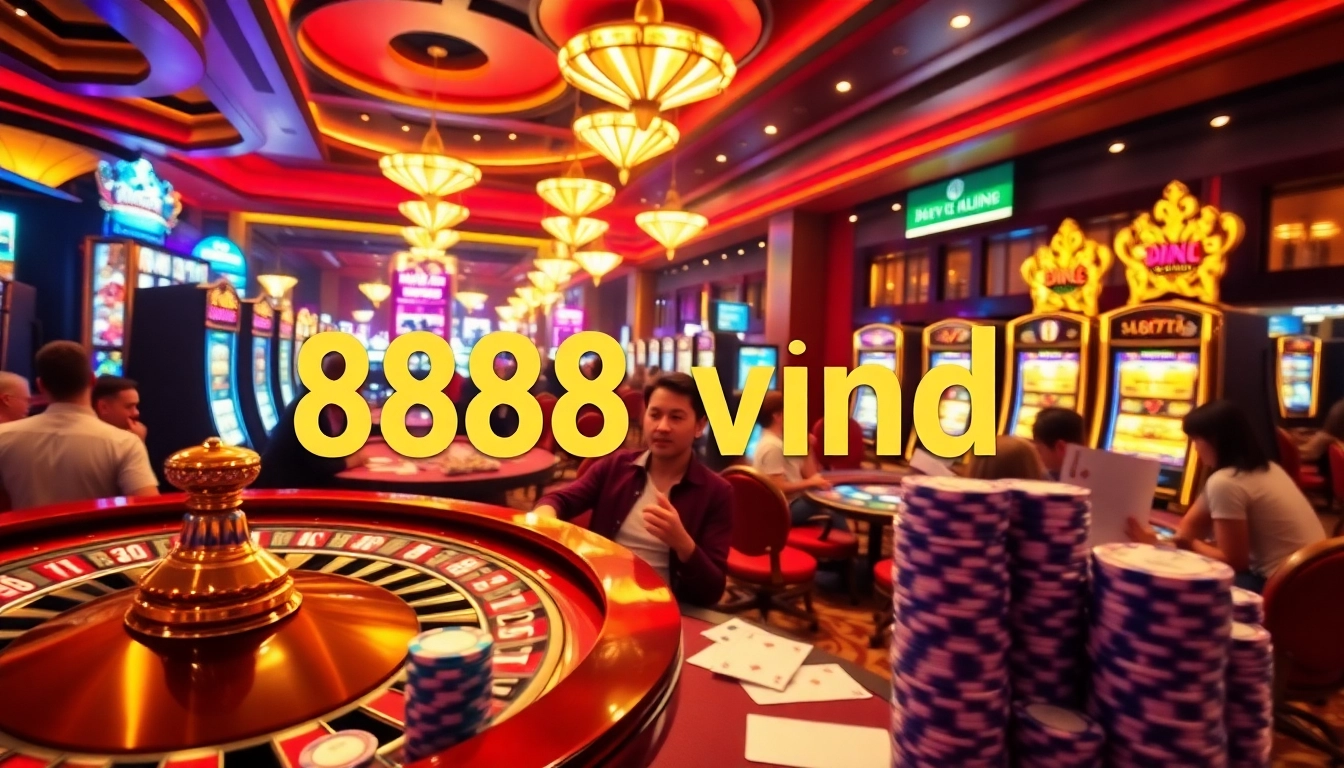 Excited players gambling at a luxurious casino, showcasing chips and cards with 888vnd currency.