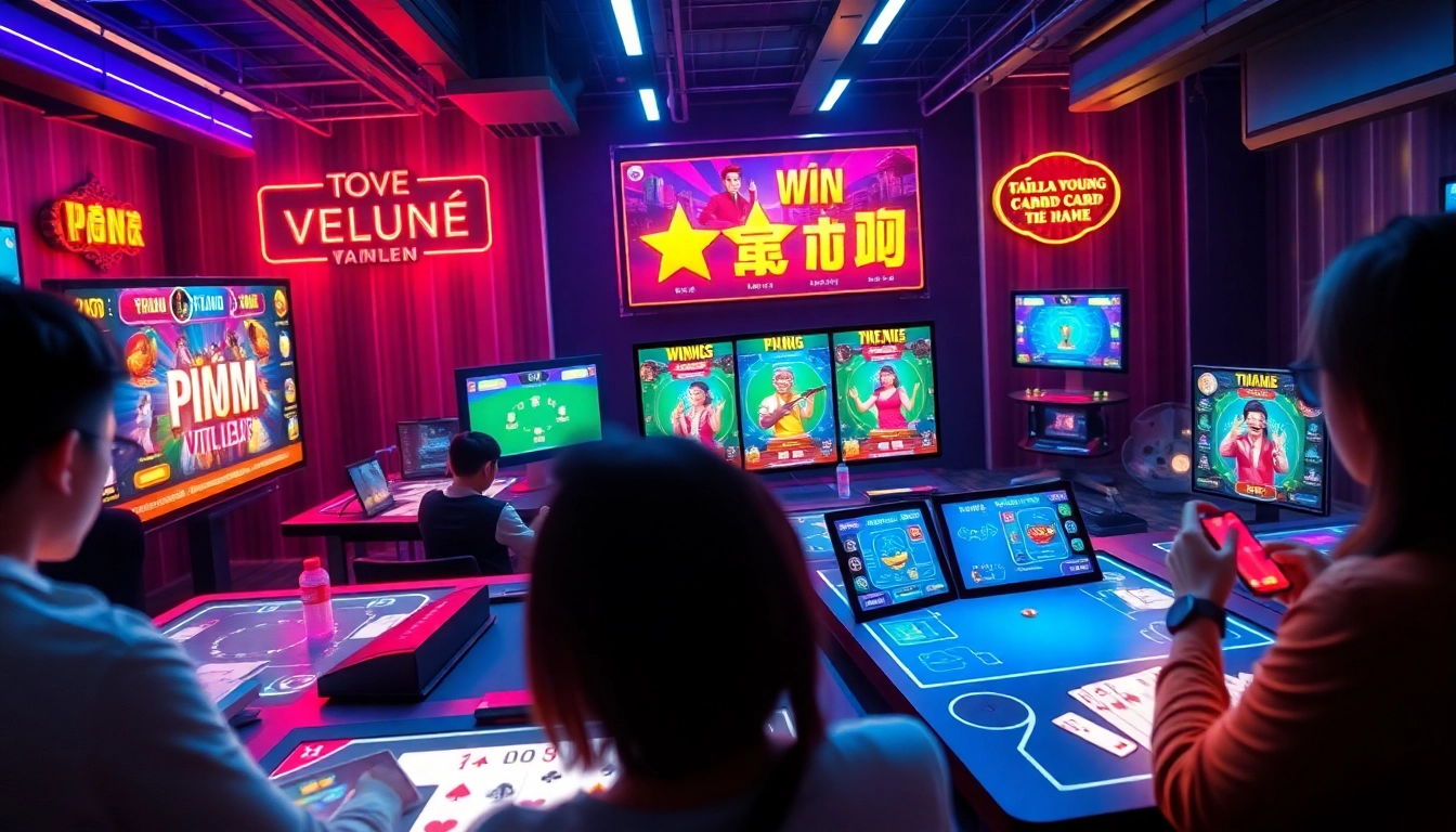 Exciting card game interface showcasing gamebaidoithuong.com.vc with vibrant graphics and animated avatars.