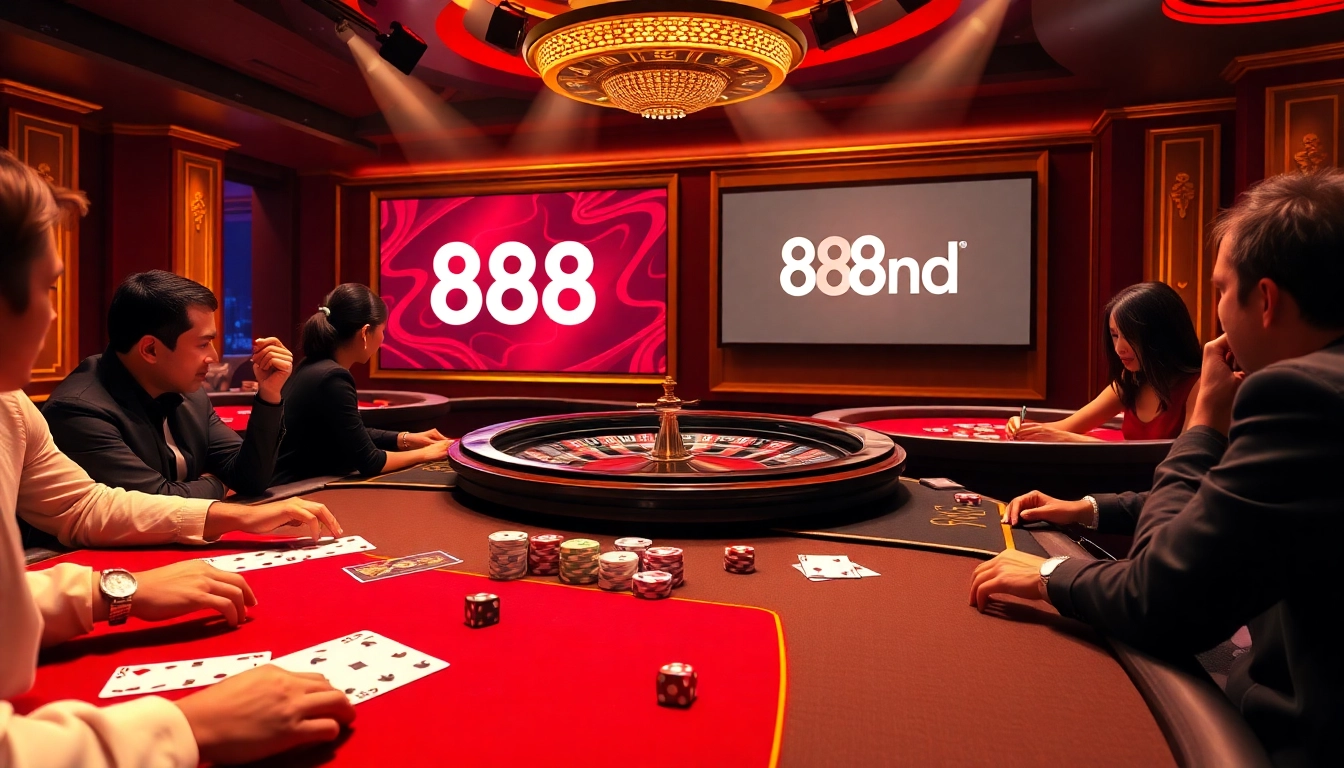 Players enjoying a high-stakes blackjack game at 888vnd casino with colorful chips and cards.
