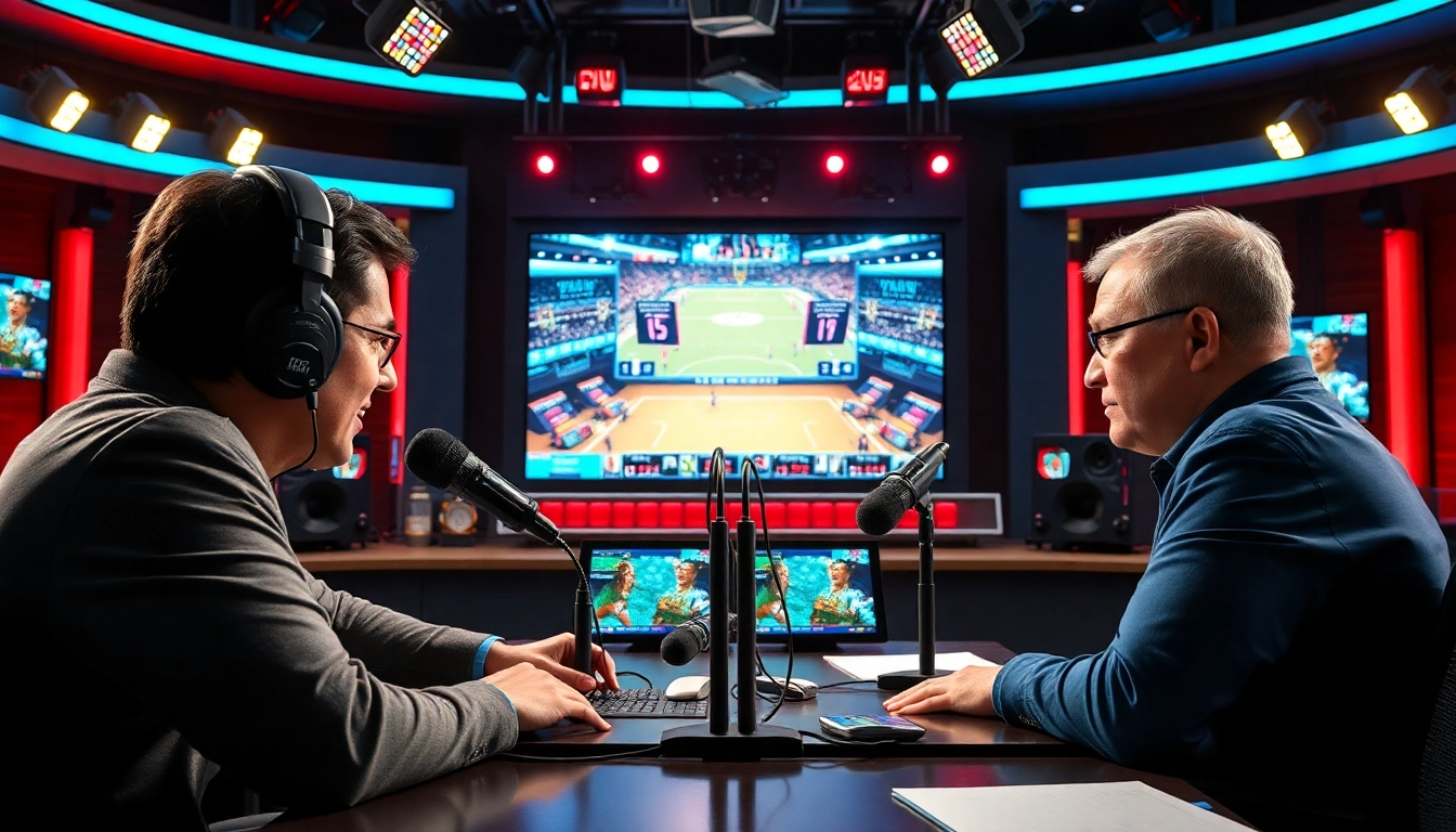 Broadcasters engaging in lively sports broadcasting in a modern studio setting.