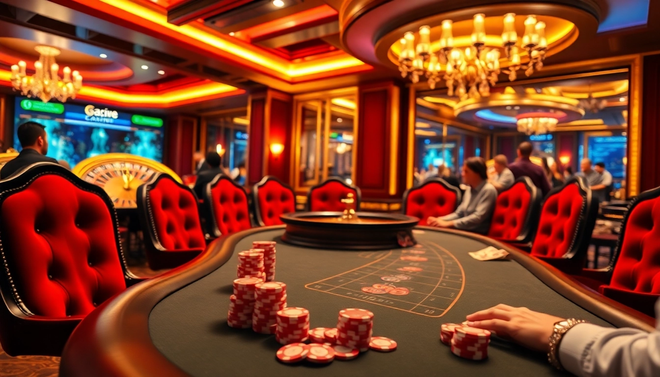 Experience the excitement of 8kbet with vibrant casino gaming, including poker tables and roulette wheels.