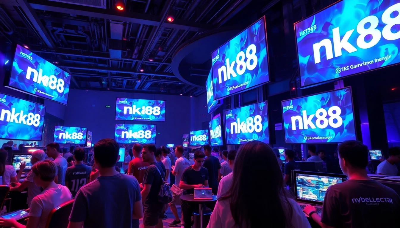 Dynamic gaming arena featuring nk88 with players immersed in virtual gaming.