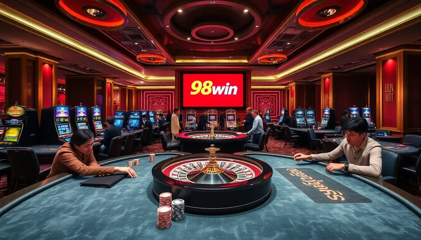 Excited players engaging in poker at a luxurious casino, showcasing 98win branding.