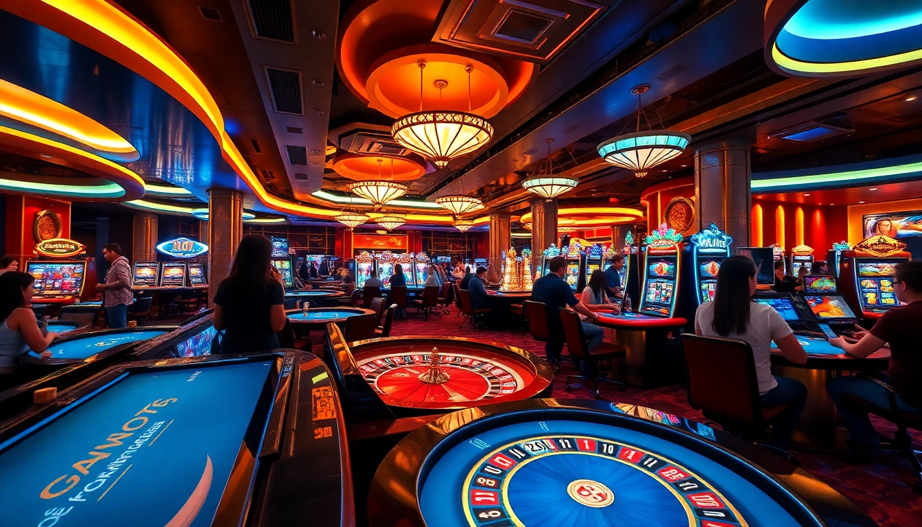 Exciting online casino gaming at nk88 with vibrant tables, players engaged in poker, roulette, and slots.