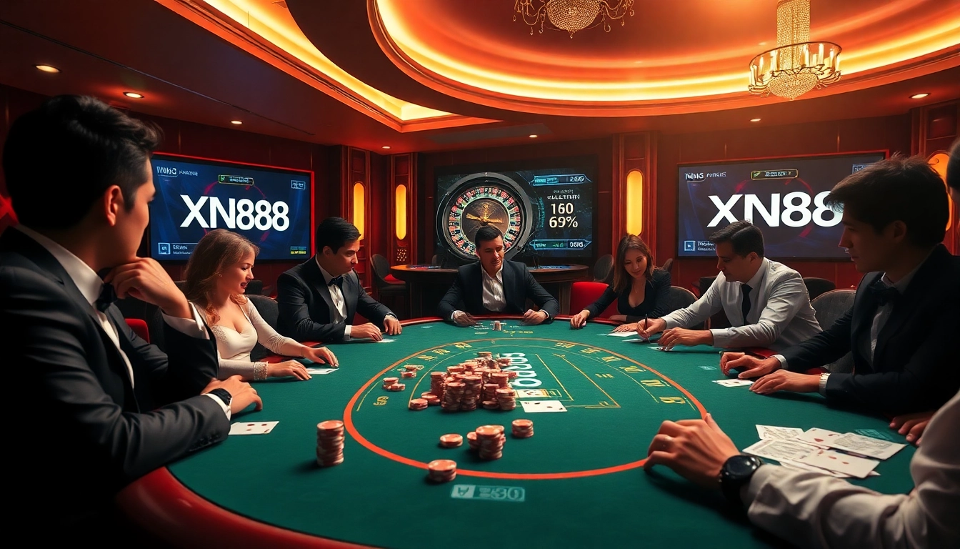 Players enjoy high-stakes poker at an XN88 casino table, showcasing luxury and excitement.