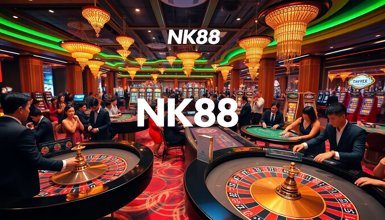 Excited players enjoying a thrilling casino experience at NK88 with vibrant gaming tables and roulette wheels.