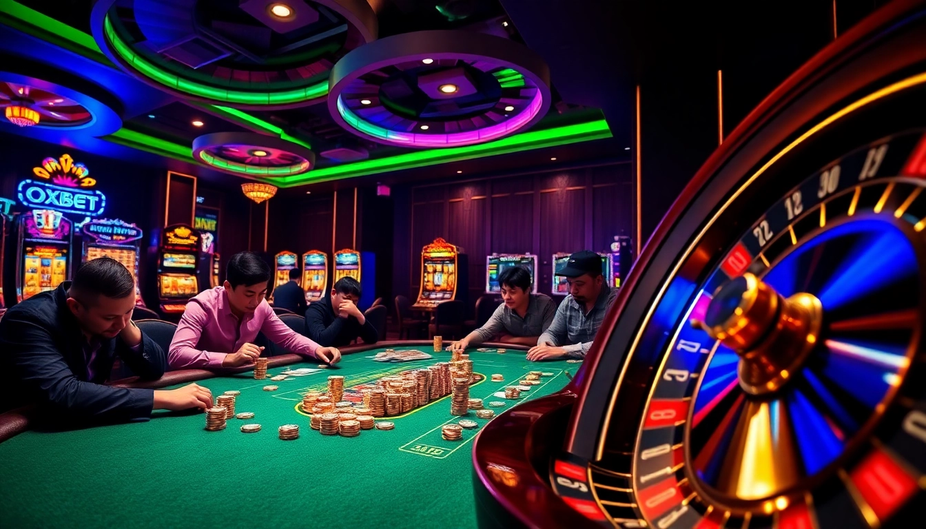 High-stakes gaming at Nhà cái OXBET casino featuring vibrant tables and luxury atmosphere.